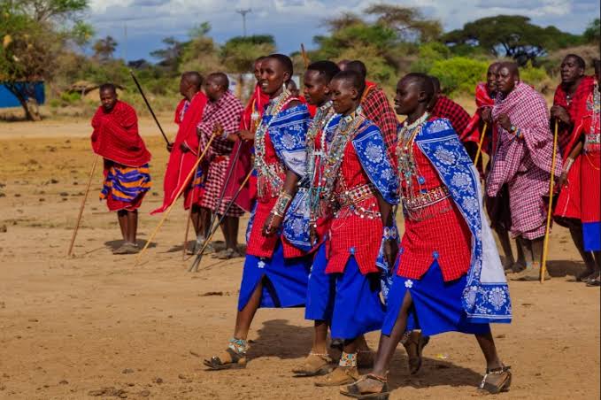 Maasai community members walking together in northern Tanzania
